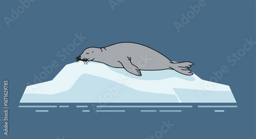Seal Resting on Iceberg in Arctic Waters, Minimalist Illustration