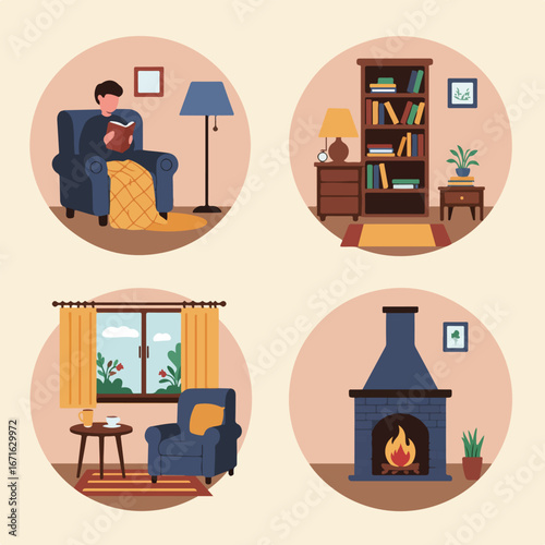 Showing cozy living rooms, with furniture and decorations, in four scenes