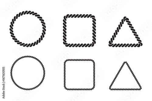 Braided rope frames. Collection of borders in the shape of square, circle and oval. Vector pack of thin and thick elements isolated on a white background. Silhouette rope frames. 
