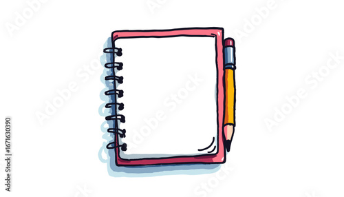 Blank notebook with spiral binding and yellow pencil on white background  