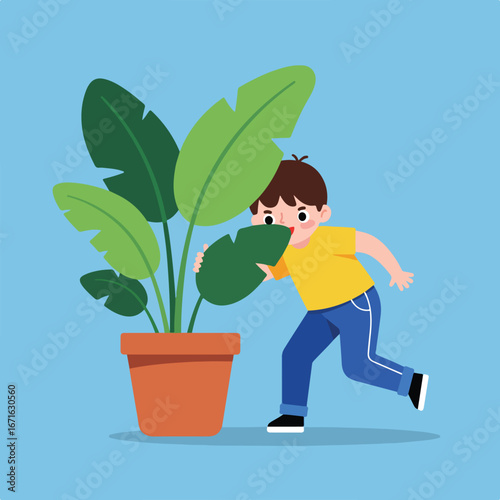 Boy peeking behind Plant in Pot on Blue Background