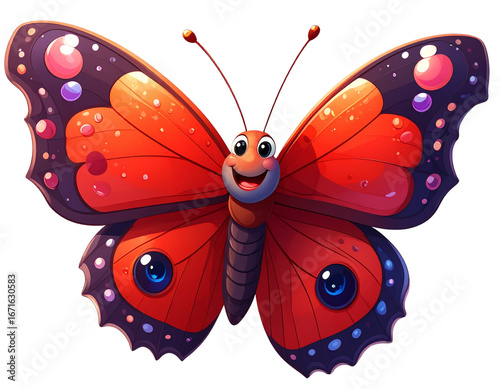 Cute Cartoon Red Admiral Butterfly with Dew Drops, Transparent PNG