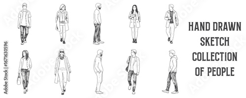 Architectural Drawings Hand drawn sketch collection of people walking, standing, and interacting, black ink pen drawing style vector illustration, human person Minimal style