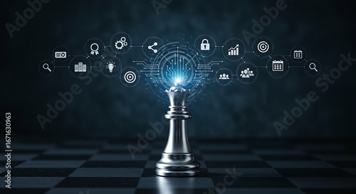 A silver chess queen stands on a dark chessboard, surrounded by glowing digital icons symbolizing strategic planning and data analysis.