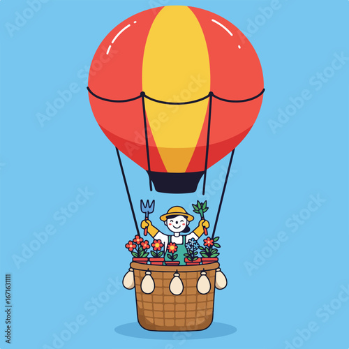 Gardening In Hot Air Balloon Above Light Blue Sky, Gardener with Plants