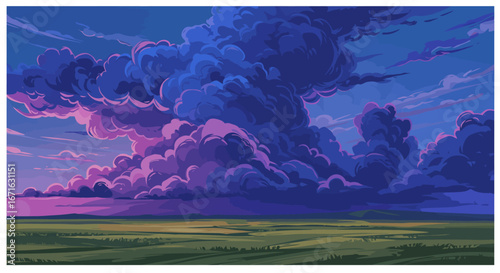 Vibrant and Dramatic Sunset Sky Over Open Fields with Majestic Storm Clouds Gathering