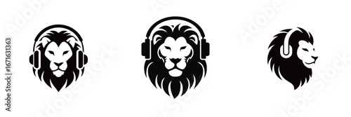 Three distinct lion head designs featuring headphones illustrate a blend of music culture and strength. Each lion presents a unique artistic interpretation, emphasizing creativity.