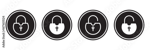 Lock and unlock icon set in circle and stroke style in black and white color in modern style. Lock icon collection. Locked and unlocked black stroke icon . set of locks icon of Silhouettes .  