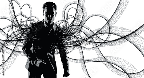Conceptual graphic illustration of a man's influence and power, depicted by abstract swirling lines on a white background