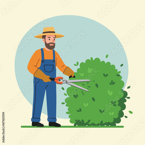 Gardener Trimming Bush in Garden