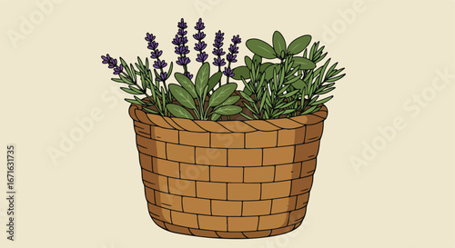 Herbs Thrive Lavender, Rosemary, Sage in Wicker Basket, Indoor Garden Display
