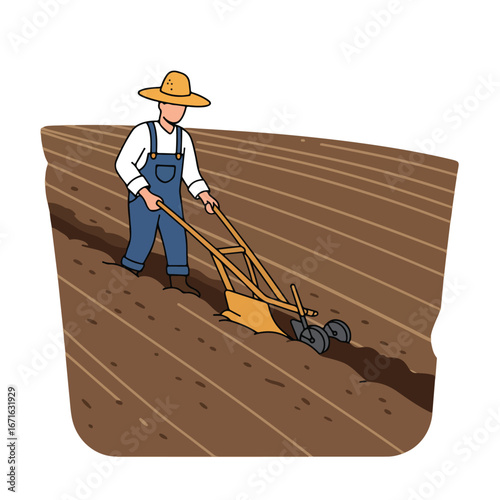 Farmer Plowing the Field with a Manual Plow - Illustration