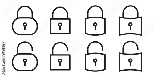 Lock and unlock icon set in circle and stroke style in black and white color in modern style. Lock icon collection. Locked and unlocked black stroke icon . set of locks icon of Silhouettes .  