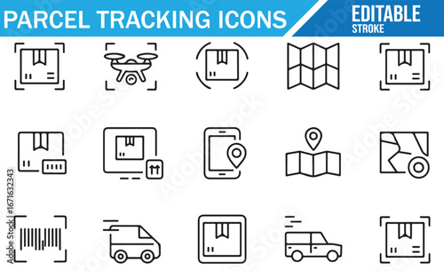 Set of Editable Icons for Parcel Delivery, Tracking, and Shipping Logistics