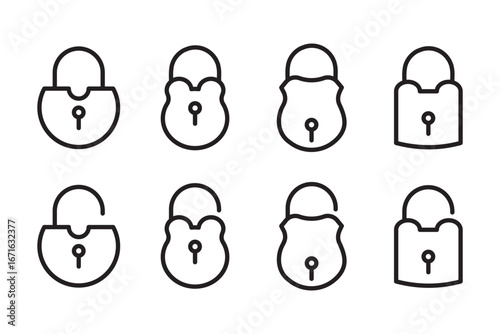 Lock icon set isolated . Security and protection symbol. Locked and unlocked icon.  Lock and unlock padlock icon representing security, privacy, access control, or data protection. 