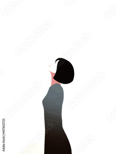 A solitary figure stands tall, gazing upward against a white sky. Soft, flowing shapes create a sense of tranquility, emphasizing the persons reflection and openness to possibilities.