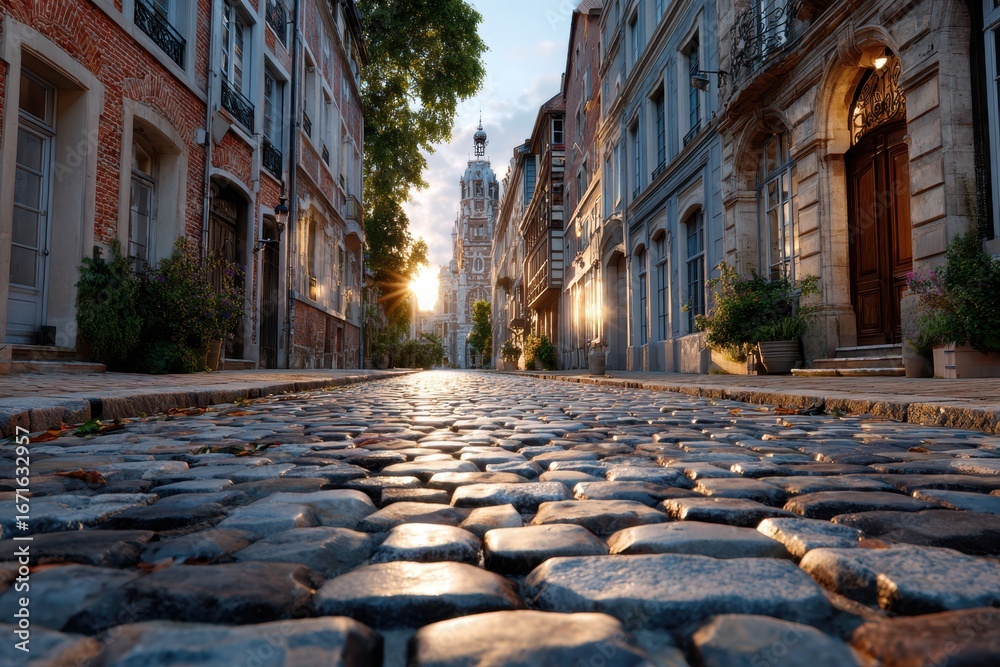 Fototapeta premium Cobblestone street at dawn with historic buildings and glowing sunrise