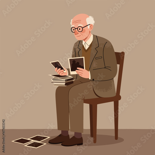 Senior Man Looking At Old Photos At Home