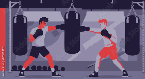 Boxing Practice Sparring Session in the Gym with Punching Bags