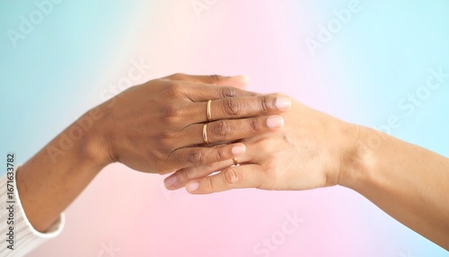 Wallpaper Mural Two hands gently resting together, showcasing simple gold rings against a soft, pastel background Torontodigital.ca