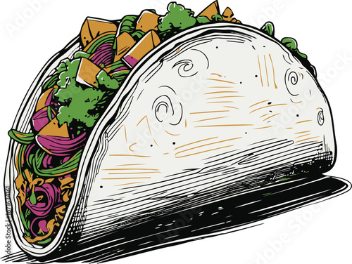 Hand-drawn taco line art vector, smooth black ink outline, abstract doodle style with tortilla shell and filling illustration.