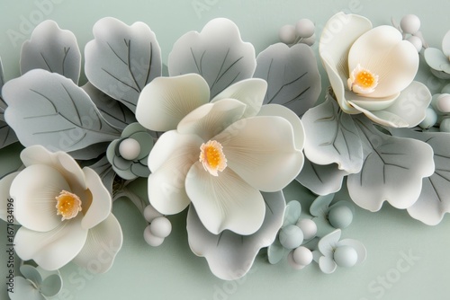 Delicate, pastel-toned flowers and leaves in a soft sage-green backdrop, expertly crafted with a 3d design.