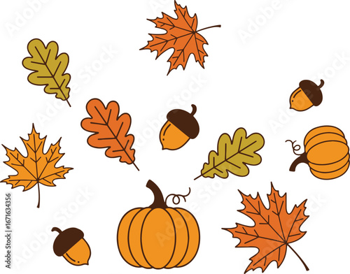 Vibrant autumn flat lay illustration showcasing a festive collection of fall leaves, ripe pumpkins, and scattered acorns, ideal for harvest season designs and seasonal celebrations