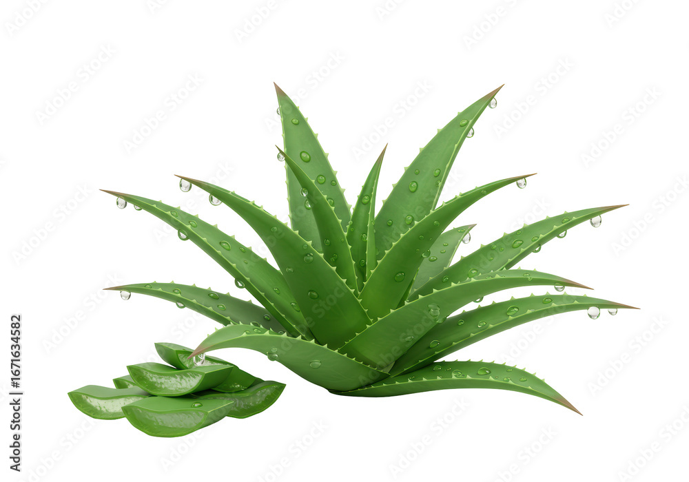 Fototapeta premium Isolated aloe vera plant and sliced leaves with water droplets, succulent medicinal plant