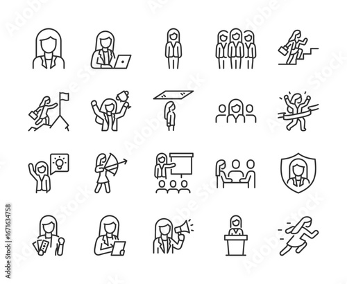 Business Woman, icon set. Female leadership and career growth: teamwork, success, goal achievement, presentation, public speaking, planning, protection, motivation, victory. Line with editable stroke