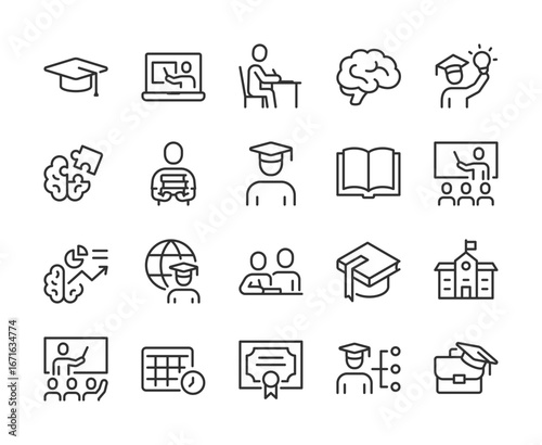 Education and Learning, icon set. Online courses, studying, graduation, books, teachers, classrooms, diploma, university, knowledge, training, skills development, students. Line with editable stroke