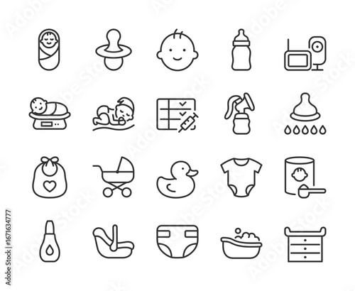 Newborn Baby, icon set. Infant care essentials: pacifier, bottle, monitor, stroller, bib, diaper, crib, bath, baby food, toys, clothes, breastfeeding, safety, growth. Line with editable stroke