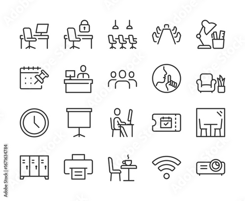 Coworking Space, icon set. Shared office and workplace: desks, meeting rooms, Wi-Fi, coffee, lockers, projector, teamwork, reception, lounge, business comfort. Line with editable stroke