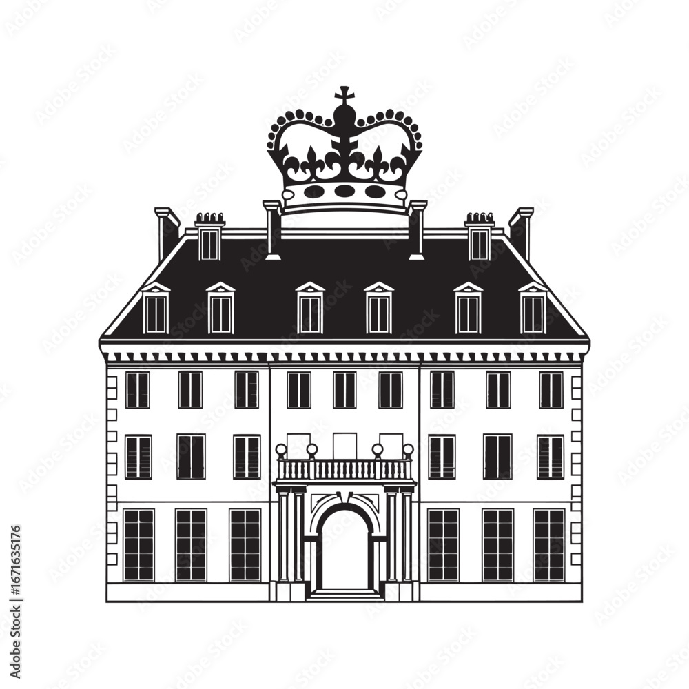Fototapeta premium Royal Mansion Logo with Crown Vector Icon. Elegant Palace or Luxury Estate Silhouette for Real Estate and Heraldry. 