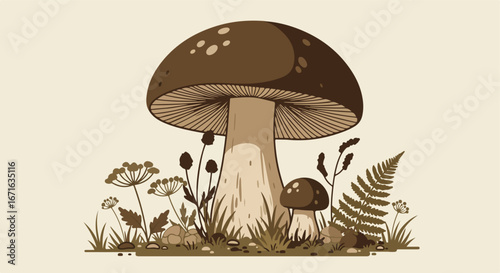 Mushroom thriving among plants on the forest ground (illustration)