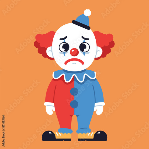 Sad clown standing still, on orange background