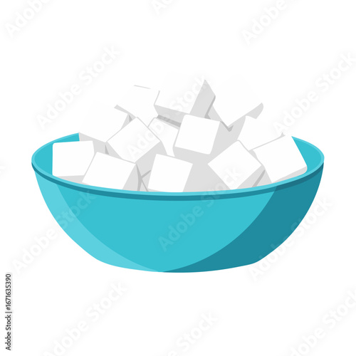 A turquoise bowl filled with white sugar cubes stacked and scattered inside, showing a collection of uniform cubic pieces of refined sugar.