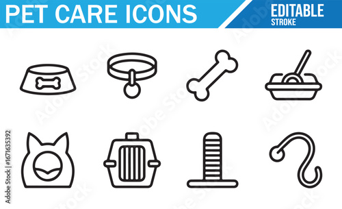 Vector Set of Pet Care Icons for Bowls, Collars, Litter Boxes, and Carriers