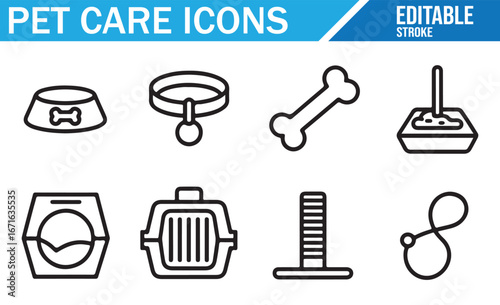 Editable Stroke Icons for Pet Care - Includes Bowls, Collars, Bones, Litter Boxes, and Carriers. Vector Set for Pet Accessories, Grooming, and Animal Care