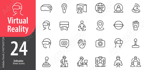 Virtual Reality Line Icons Set, VR Headset, 3D Glasses, Immersive Gaming, Augmented Reality and Digital Experience Symbols, Editable Formats: AI, EPS, JPG, PNG, Ideal for Both Digital and Print Use
