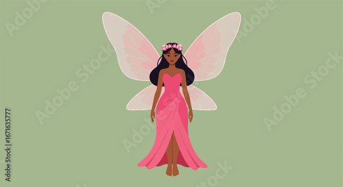 Fairy Standing Gracefully On Plain Pale Green Background, Wings and Flowing Dress