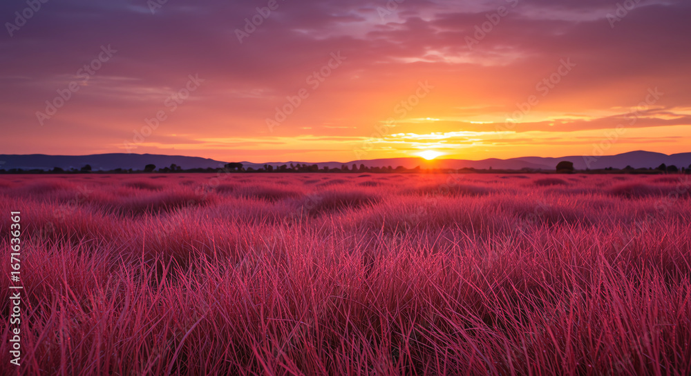 Fototapeta premium Sunset field with pink grass landscape