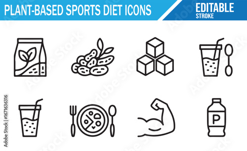 Editable Vector Icons for Fitness, Plant-Based Protein, and Healthy Sports Diet