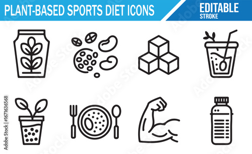 Line Art Icons Representing Plant-Based Diet, Protein, Supplements, and Fitness Nutrition