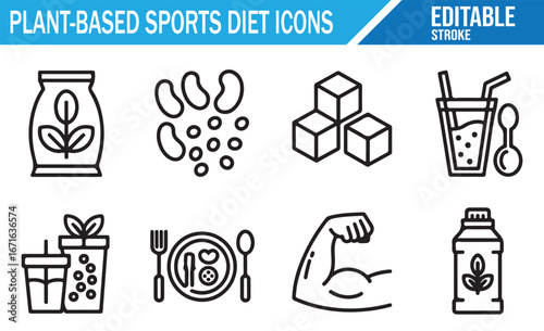 Editable Vector Icons for Plant-Based Sports Diet – Protein, Supplements, and Fitness