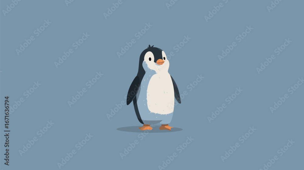 Fototapeta premium A charming cartoon penguin poses playfully against a soft light blue backdrop. Its simplistic features and bright colors evoke a sense of joy and playful innocence, perfect for childrens themes.