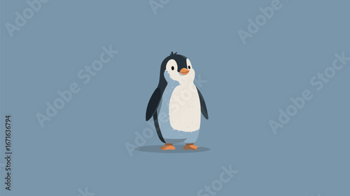 A charming cartoon penguin poses playfully against a soft light blue backdrop. Its simplistic features and bright colors evoke a sense of joy and playful innocence, perfect for childrens themes.