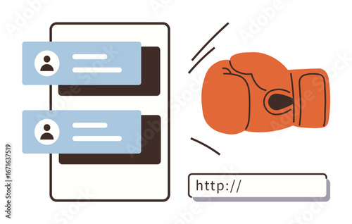 Chat messages on a phone screen contrasted with a boxing glove punching a URL textbox. Ideal for cyberbullying, online safety, digital conflict, abuse prevention, internet security, digital