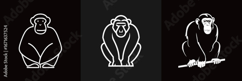 Three stylized representations of monkeys highlight their varied postures and expressions. Each figure displays unique characteristics and poses against a solid black background.