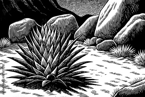 Agave cactus near volcanic rock formations, striking desert scenery combining sharp leaves and solid stones, timeless beauty, black and white sketch