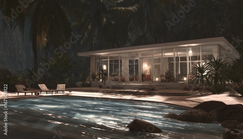 Tropical house reflecting lights in a pool, at night. Palm trees surround the property. Beachfront property at dusk, with warm interior glow